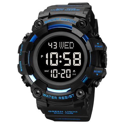 A black digital sports watch with blue accents and a round face displaying the time 10:58, the date 10-20, and day of the week Wednesday, set against a plain white background.