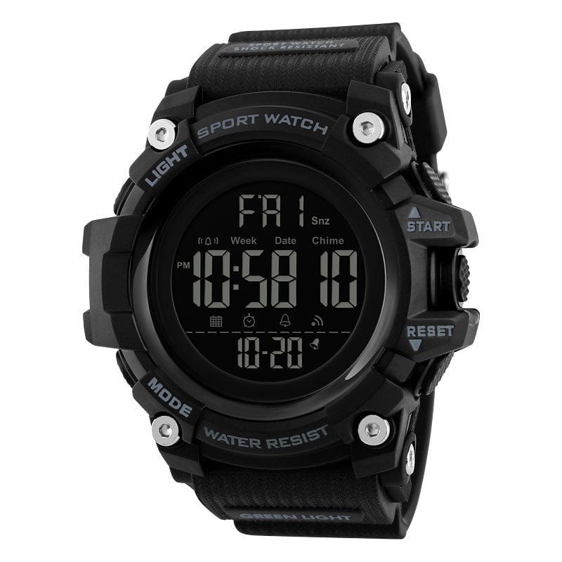 A black digital sport watch with a round bezel, prominent screws, and side buttons displaying the time 10:58 and date 10-20 on a dark screen.