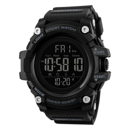 A black digital sport watch with a round bezel, prominent screws, and side buttons displaying the time 10:58 and date 10-20 on a dark screen.