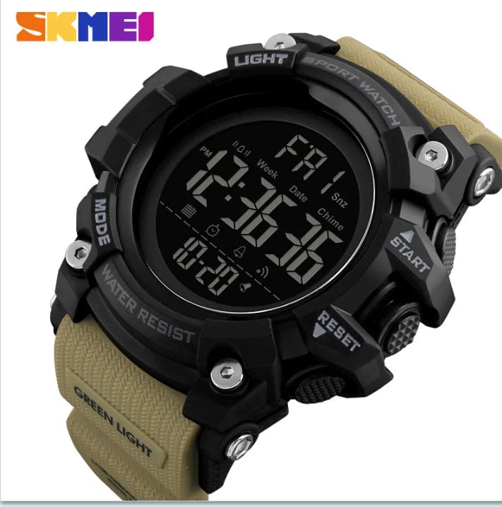 A black digital sports watch with a tan strap features a round face displaying the time, day, and date against a dark background.