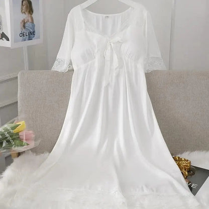 Female Long Nightdress Sexy Hollow Lace Sleepwear Home Dress Palace Style Princess Nightgown Nightwear Casual Satin Loungewear - A-1 Thread Vault