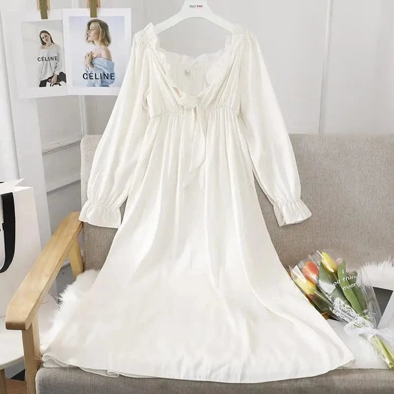 Female Long Nightdress Sexy Hollow Lace Sleepwear Home Dress Palace Style Princess Nightgown Nightwear Casual Satin Loungewear - A-1 Thread Vault