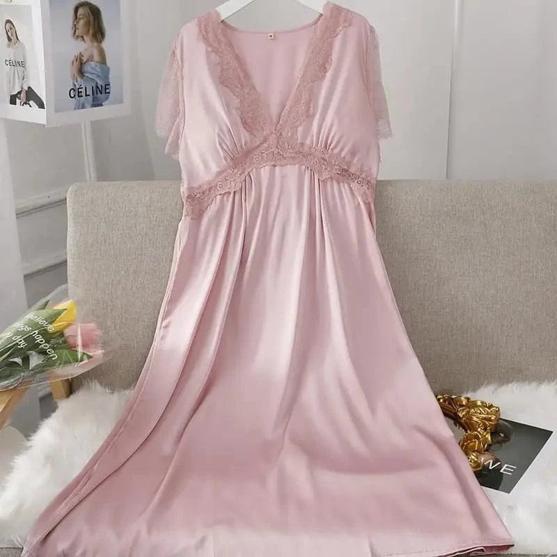 Female Long Nightdress Sexy Hollow Lace Sleepwear Home Dress Palace Style Princess Nightgown Nightwear Casual Satin Loungewear - A-1 Thread Vault