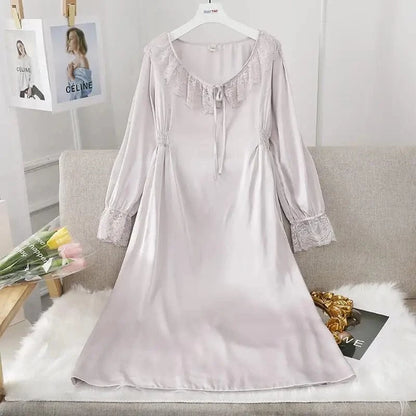 Female Long Nightdress Sexy Hollow Lace Sleepwear Home Dress Palace Style Princess Nightgown Nightwear Casual Satin Loungewear - A-1 Thread Vault