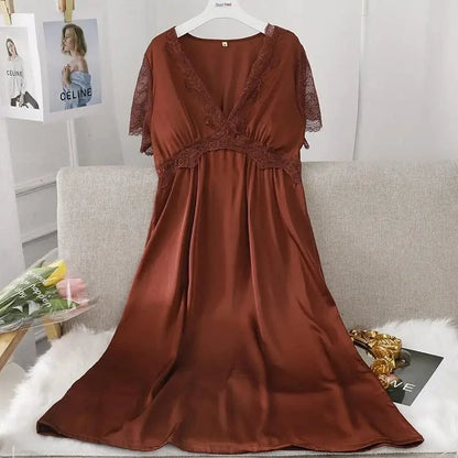 Female Long Nightdress Sexy Hollow Lace Sleepwear Home Dress Palace Style Princess Nightgown Nightwear Casual Satin Loungewear - A-1 Thread Vault