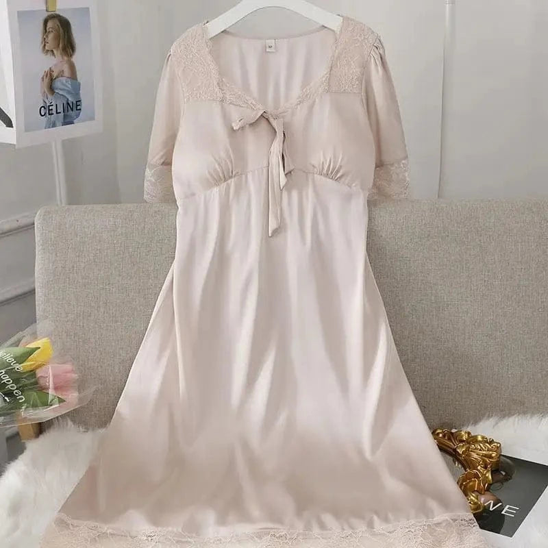 Female Long Nightdress Sexy Hollow Lace Sleepwear Home Dress Palace Style Princess Nightgown Nightwear Casual Satin Loungewear - A-1 Thread Vault