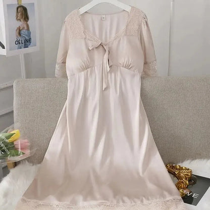 Female Long Nightdress Sexy Hollow Lace Sleepwear Home Dress Palace Style Princess Nightgown Nightwear Casual Satin Loungewear - A-1 Thread Vault