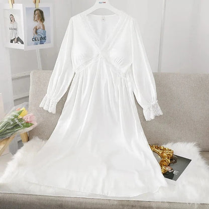 Female Long Nightdress Sexy Hollow Lace Sleepwear Home Dress Palace Style Princess Nightgown Nightwear Casual Satin Loungewear - A-1 Thread Vault