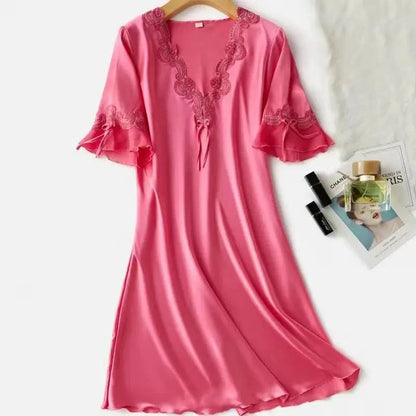 Female Long Nightdress Sexy Hollow Lace Sleepwear Home Dress Palace Style Princess Nightgown Nightwear Casual Satin Loungewear - A-1 Thread Vault