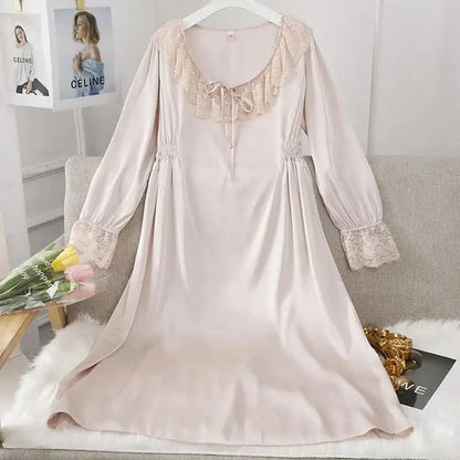 Female Long Nightdress Sexy Hollow Lace Sleepwear Home Dress Palace Style Princess Nightgown Nightwear Casual Satin Loungewear - A-1 Thread Vault
