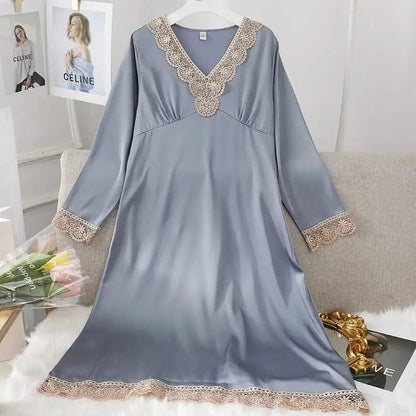 Female Long Nightdress Sexy Hollow Lace Sleepwear Home Dress Palace Style Princess Nightgown Nightwear Casual Satin Loungewear - A-1 Thread Vault