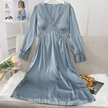 Female Long Nightdress Sexy Hollow Lace Sleepwear Home Dress Palace Style Princess Nightgown Nightwear Casual Satin Loungewear - A-1 Thread Vault