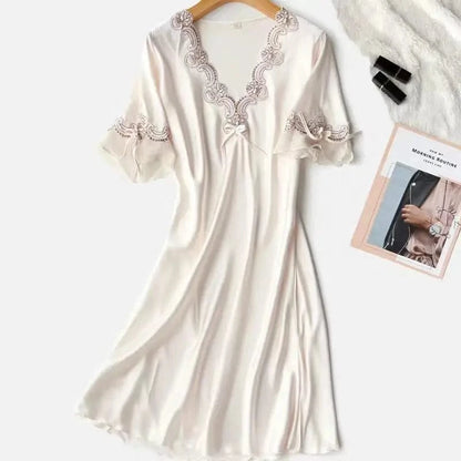 Female Long Nightdress Sexy Hollow Lace Sleepwear Home Dress Palace Style Princess Nightgown Nightwear Casual Satin Loungewear - A-1 Thread Vault