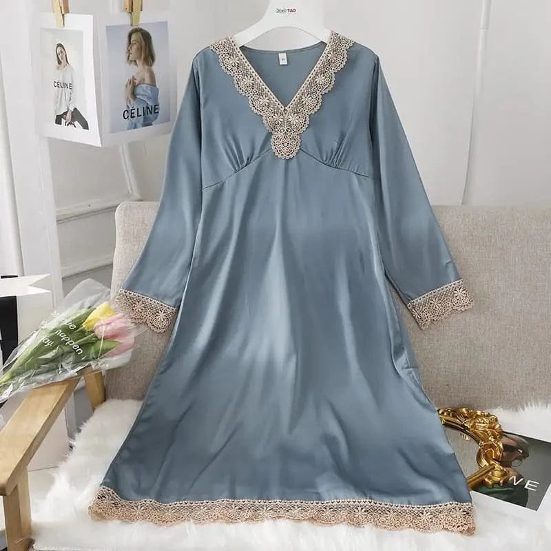 Female Long Nightdress Sexy Hollow Lace Sleepwear Home Dress Palace Style Princess Nightgown Nightwear Casual Satin Loungewear - A-1 Thread Vault