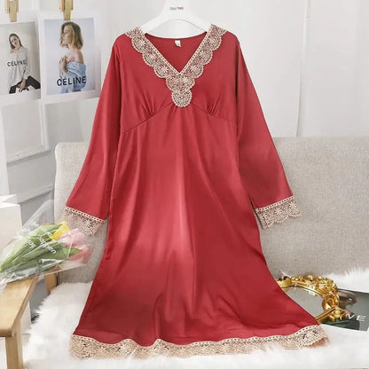 Female Long Nightdress Sexy Hollow Lace Sleepwear Home Dress Palace Style Princess Nightgown Nightwear Casual Satin Loungewear - A-1 Thread Vault