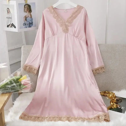 Female Long Nightdress Sexy Hollow Lace Sleepwear Home Dress Palace Style Princess Nightgown Nightwear Casual Satin Loungewear - A-1 Thread Vault