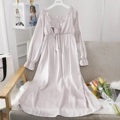 Female Long Nightdress Sexy Hollow Lace Sleepwear Home Dress Palace Style Princess Nightgown Nightwear Casual Satin Loungewear - A-1 Thread Vault