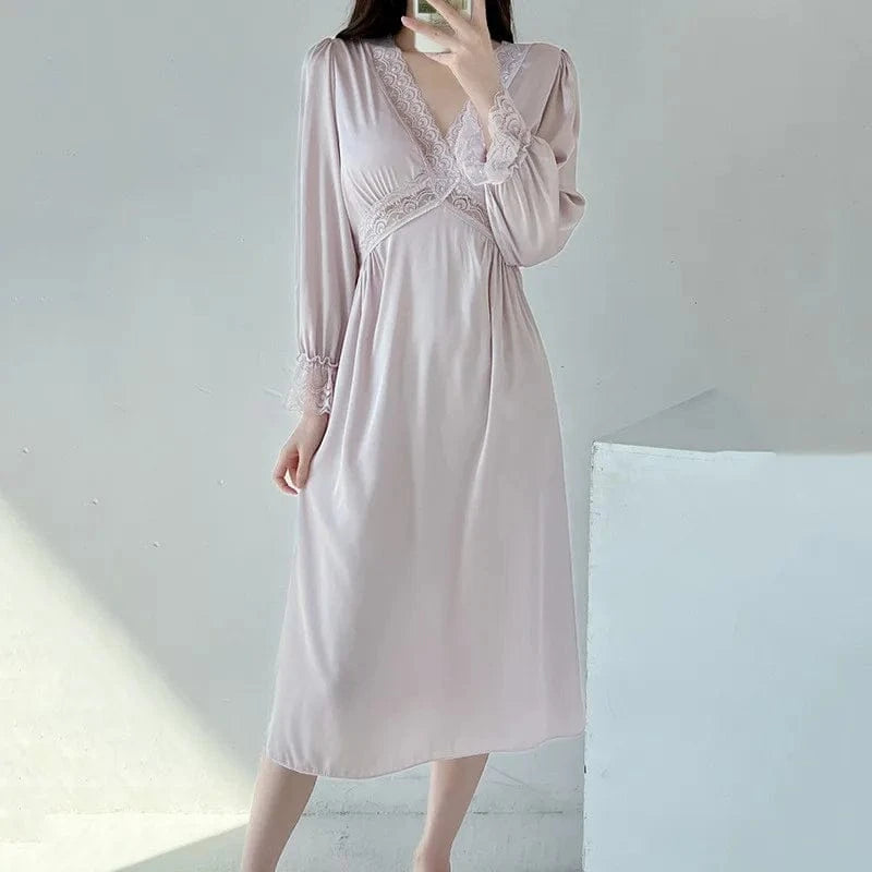 Female Long Nightdress Sexy Hollow Lace Sleepwear Home Dress Palace Style Princess Nightgown Nightwear Casual Satin Loungewear - A-1 Thread Vault