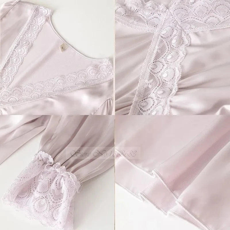 Female Long Nightdress Sexy Hollow Lace Sleepwear Home Dress Palace Style Princess Nightgown Nightwear Casual Satin Loungewear - A-1 Thread Vault
