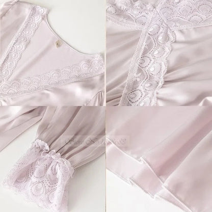 Female Long Nightdress Sexy Hollow Lace Sleepwear Home Dress Palace Style Princess Nightgown Nightwear Casual Satin Loungewear - A-1 Thread Vault