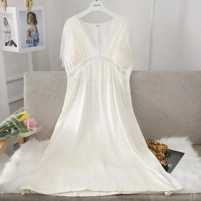 Female Long Nightdress Sexy Hollow Lace Sleepwear Home Dress Palace Style Princess Nightgown Nightwear Casual Satin Loungewear - A-1 Thread Vault