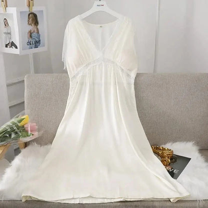 Female Long Nightdress Sexy Hollow Lace Sleepwear Home Dress Palace Style Princess Nightgown Nightwear Casual Satin Loungewear - A-1 Thread Vault