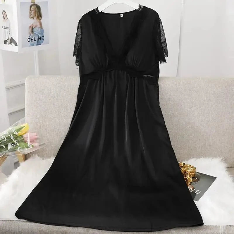 Female Long Nightdress Sexy Hollow Lace Sleepwear Home Dress Palace Style Princess Nightgown Nightwear Casual Satin Loungewear - A-1 Thread Vault