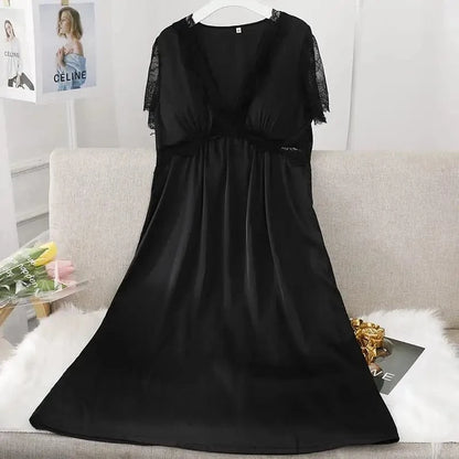 Female Long Nightdress Sexy Hollow Lace Sleepwear Home Dress Palace Style Princess Nightgown Nightwear Casual Satin Loungewear - A-1 Thread Vault