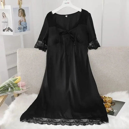 Female Long Nightdress Sexy Hollow Lace Sleepwear Home Dress Palace Style Princess Nightgown Nightwear Casual Satin Loungewear - A-1 Thread Vault