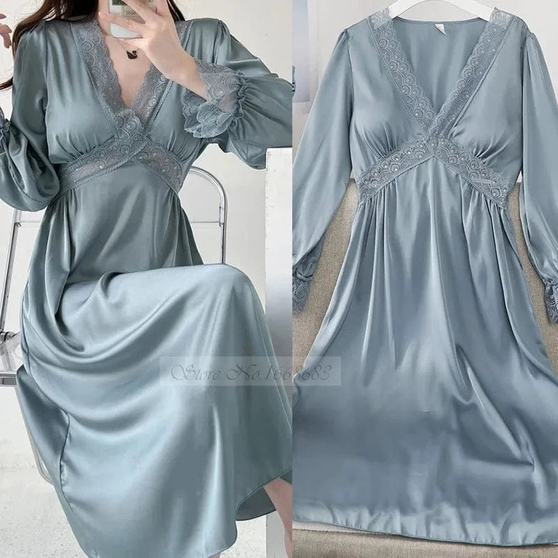 Female Long Nightdress Sexy Hollow Lace Sleepwear Home Dress Palace Style Princess Nightgown Nightwear Casual Satin Loungewear - A-1 Thread Vault