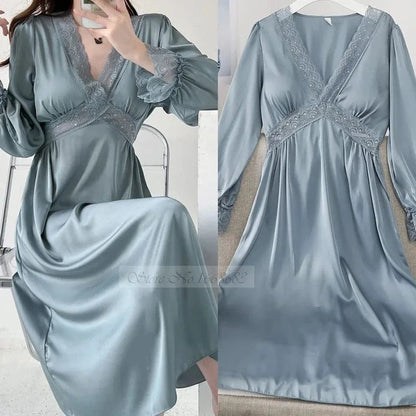 Female Long Nightdress Sexy Hollow Lace Sleepwear Home Dress Palace Style Princess Nightgown Nightwear Casual Satin Loungewear - A-1 Thread Vault