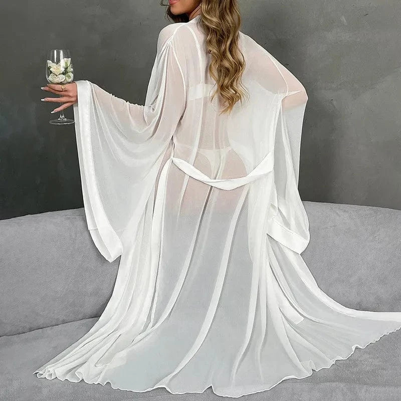 Female Sheer Shapewear Robes Fashion Long Sleeve Thin Lingerie Women Lace Up Long Sexy Mesh Robes - A-1 Thread Vault