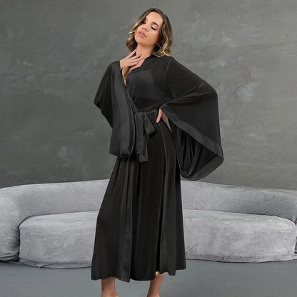 Female Sheer Shapewear Robes Fashion Long Sleeve Thin Lingerie Women Lace Up Long Sexy Mesh Robes - A-1 Thread Vault