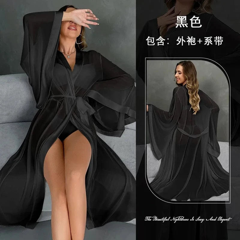 Female Sheer Shapewear Robes Fashion Long Sleeve Thin Lingerie Women Lace Up Long Sexy Mesh Robes - A-1 Thread Vault