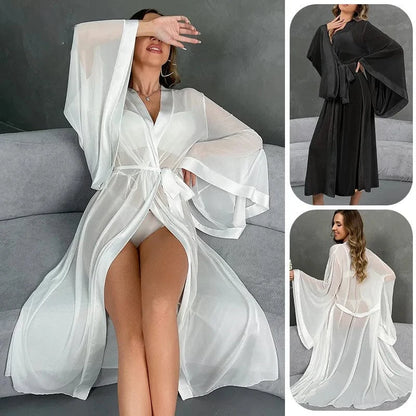 Female Sheer Shapewear Robes Fashion Long Sleeve Thin Lingerie Women Lace Up Long Sexy Mesh Robes - A-1 Thread Vault
