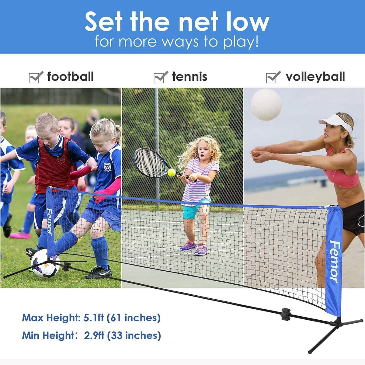 Femor FS051 10ft. Height Adjustable Volleyball Net - A-1 Thread Vault