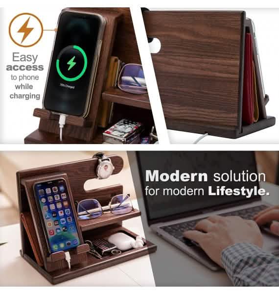 TESLYAR Wood Phone Docking Station Ash Key Holder Wallet Stand - A-1 Thread Vault