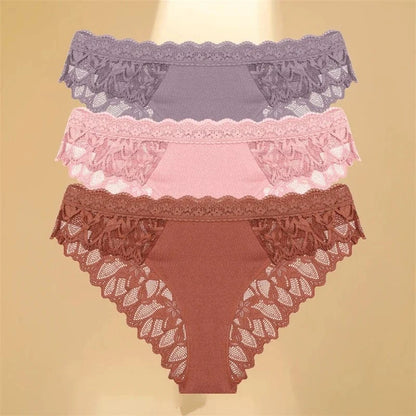 FINETOO 3Pcs Lace Hollow Out Underwear for Women Sexy Low-Waist Floral Briefs Female Invisible Breathable Lingerie Soft Intimate - A-1 Thread Vault