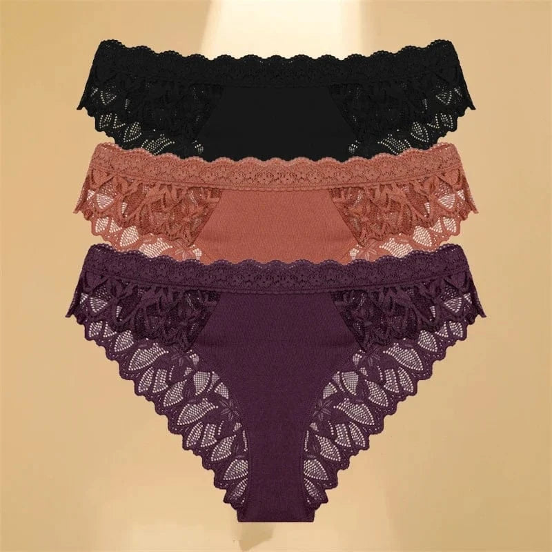 FINETOO 3Pcs Lace Hollow Out Underwear for Women Sexy Low-Waist Floral Briefs Female Invisible Breathable Lingerie Soft Intimate - A-1 Thread Vault