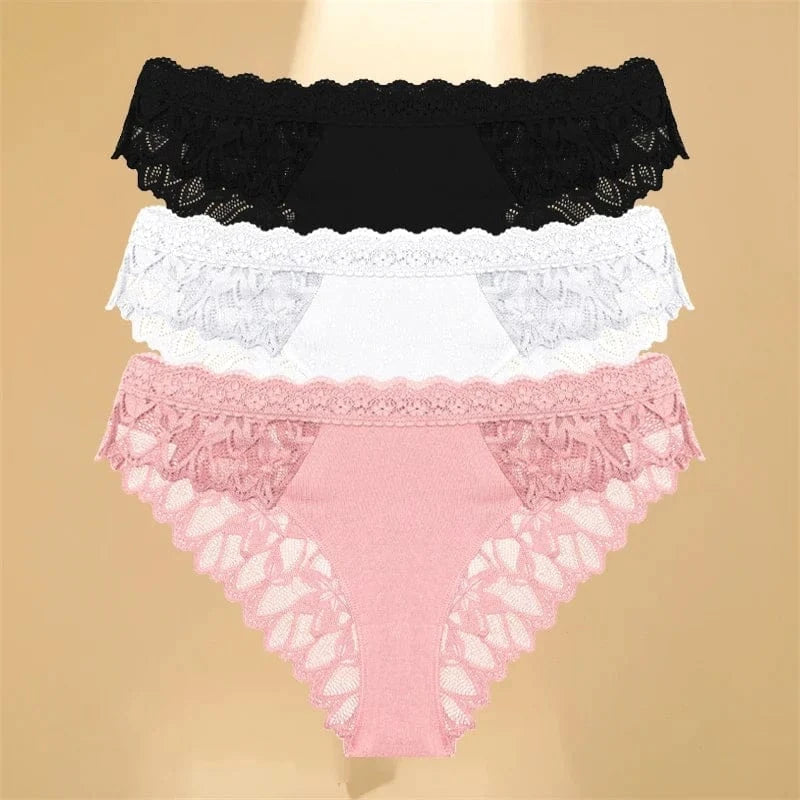 FINETOO 3Pcs Lace Hollow Out Underwear for Women Sexy Low-Waist Floral Briefs Female Invisible Breathable Lingerie Soft Intimate - A-1 Thread Vault