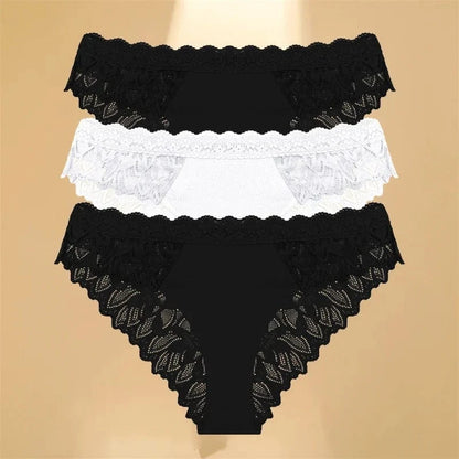 FINETOO 3Pcs Lace Hollow Out Underwear for Women Sexy Low-Waist Floral Briefs Female Invisible Breathable Lingerie Soft Intimate - A-1 Thread Vault
