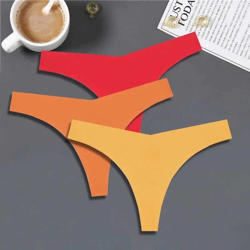 FINETOO 3PCS Women Ice Silk Seamless Underpants Panties Sexy V-Waist Sport Thongs Low Rise 10 Soild Colours Breathable G-string - A-1 Thread Vault