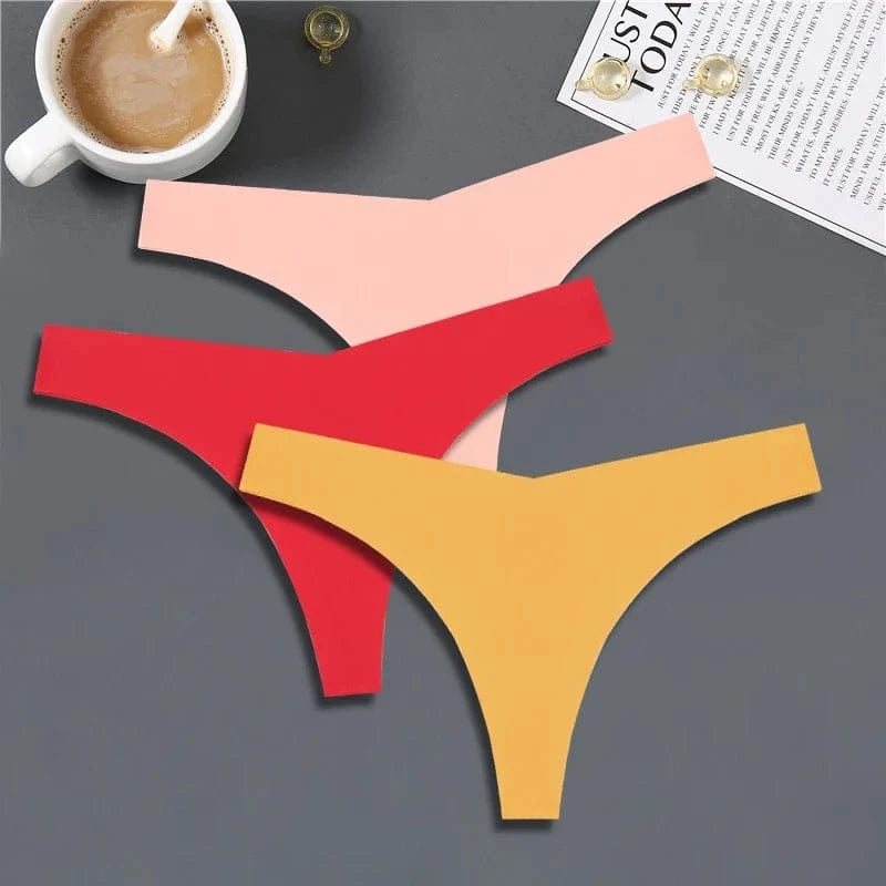 FINETOO 3PCS Women Ice Silk Seamless Underpants Panties Sexy V-Waist Sport Thongs Low Rise 10 Soild Colours Breathable G-string - A-1 Thread Vault
