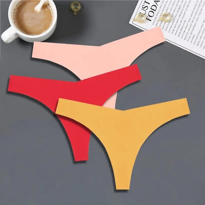 FINETOO 3PCS Women Ice Silk Seamless Underpants Panties Sexy V-Waist Sport Thongs Low Rise 10 Soild Colours Breathable G-string - A-1 Thread Vault