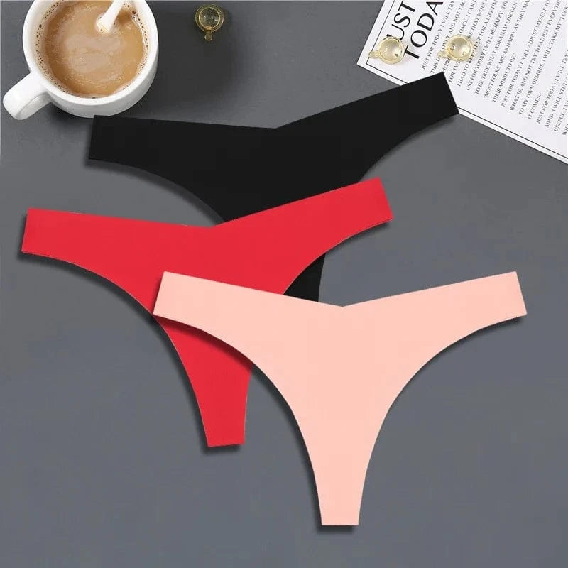 FINETOO 3PCS Women Ice Silk Seamless Underpants Panties Sexy V-Waist Sport Thongs Low Rise 10 Soild Colours Breathable G-string - A-1 Thread Vault