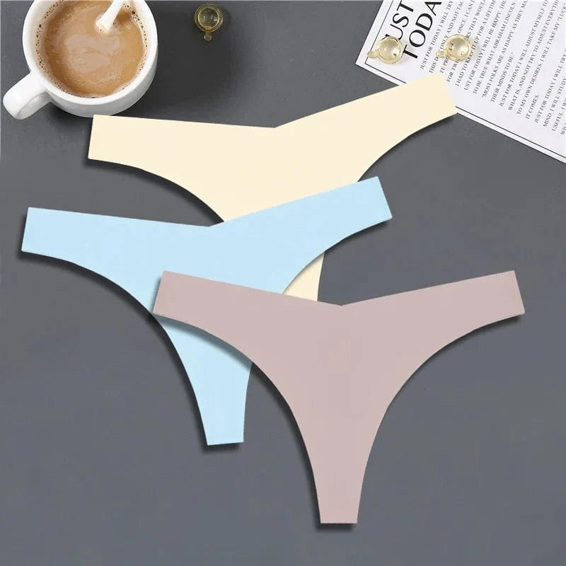 FINETOO 3PCS Women Ice Silk Seamless Underpants Panties Sexy V-Waist Sport Thongs Low Rise 10 Soild Colours Breathable G-string - A-1 Thread Vault