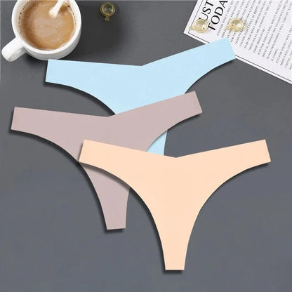 FINETOO 3PCS Women Ice Silk Seamless Underpants Panties Sexy V-Waist Sport Thongs Low Rise 10 Soild Colours Breathable G-string - A-1 Thread Vault