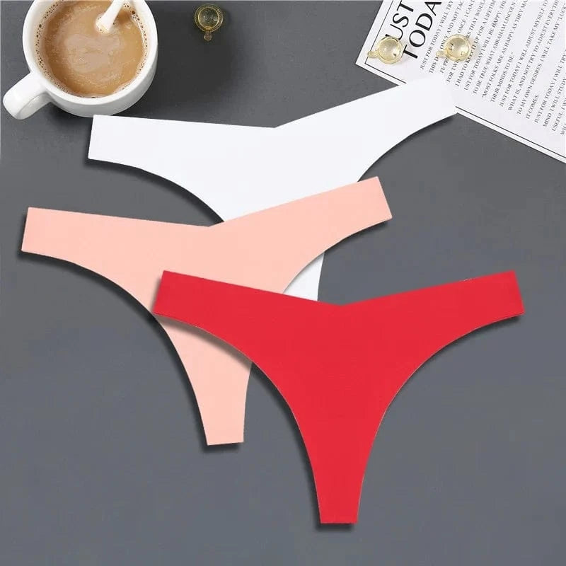 FINETOO 3PCS Women Ice Silk Seamless Underpants Panties Sexy V-Waist Sport Thongs Low Rise 10 Soild Colours Breathable G-string - A-1 Thread Vault