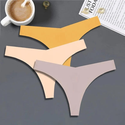 FINETOO 3PCS Women Ice Silk Seamless Underpants Panties Sexy V-Waist Sport Thongs Low Rise 10 Soild Colours Breathable G-string - A-1 Thread Vault