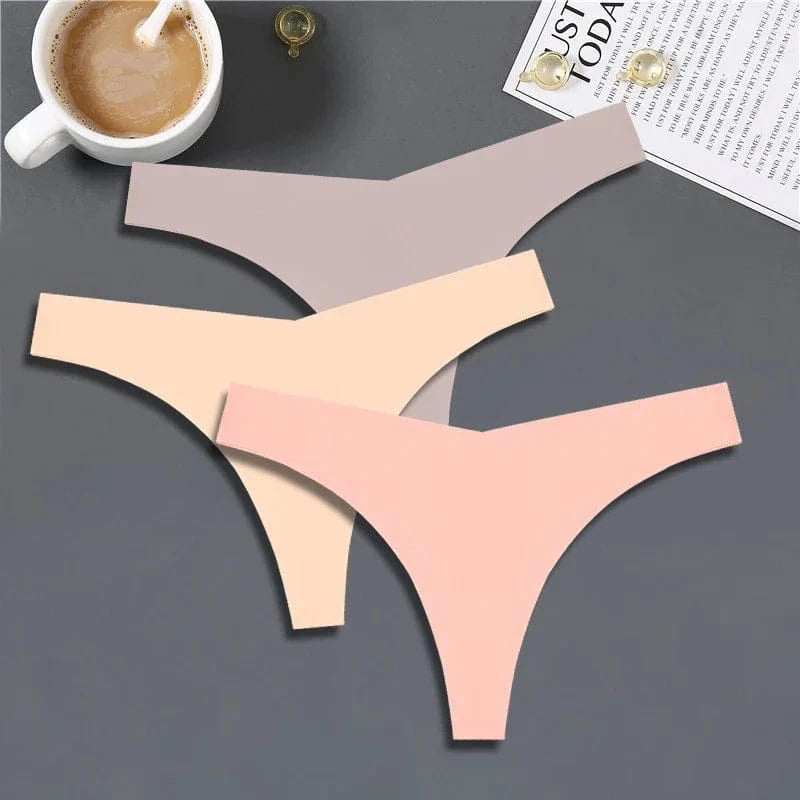 FINETOO 3PCS Women Ice Silk Seamless Underpants Panties Sexy V-Waist Sport Thongs Low Rise 10 Soild Colours Breathable G-string - A-1 Thread Vault